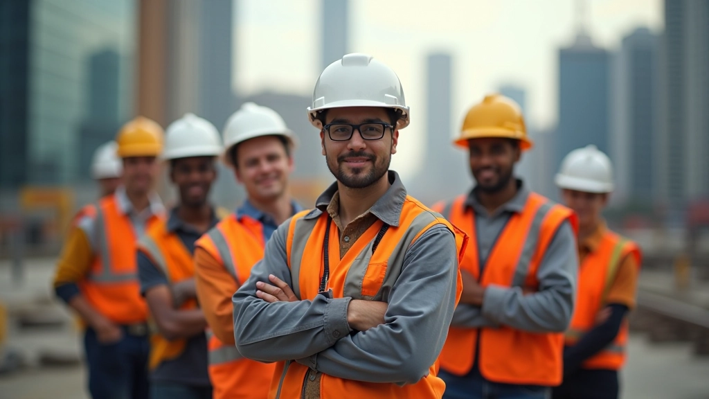 Diverse group of workers on construction site, representing Malaysia's foreign worker population