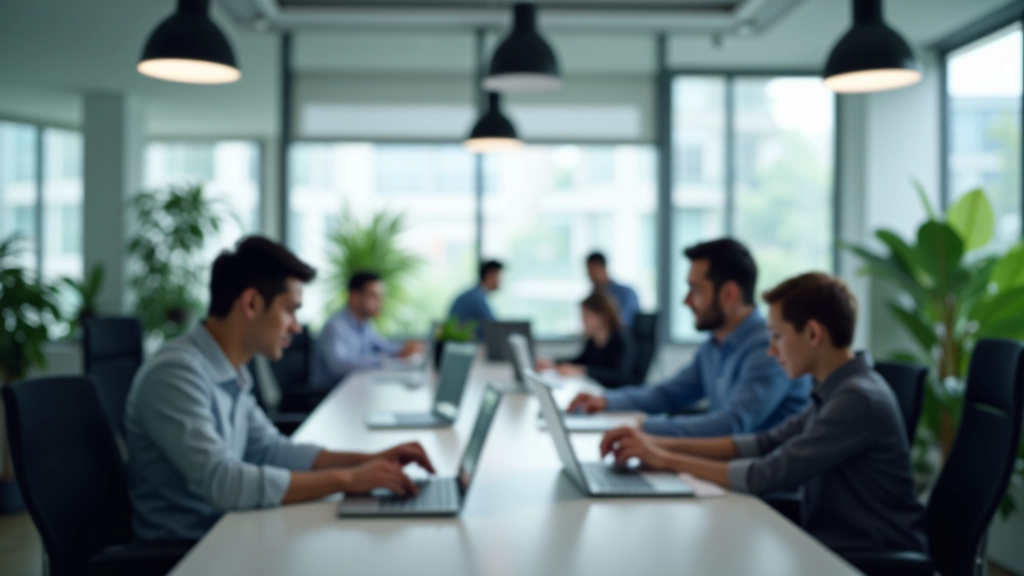 Modern office workspace with diverse professionals collaborating on labour market analysis
