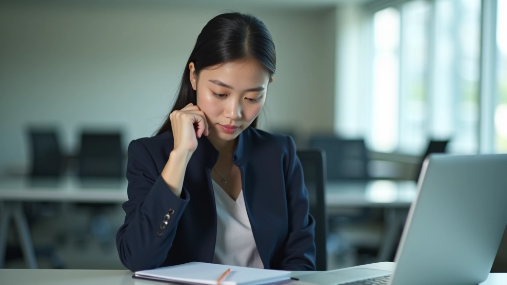 Young professional sitting at modern office desk with laptop and notebook, reviewing documents