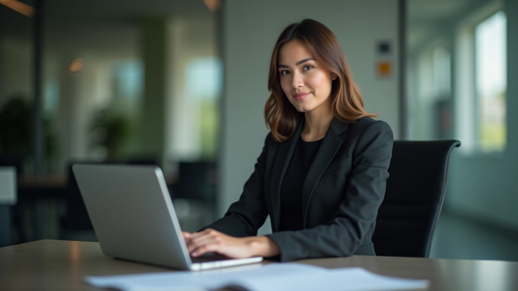 Young professional woman at laptop in modern office, reviewing employment documents and career information
